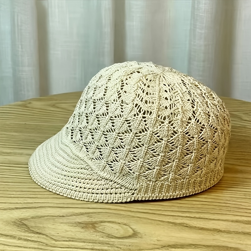 TEMU 1pc Women's Spring Summer Hollow Knit Hat, Polyester Breathable Short Brim Beret, Small Head Travel Sun Hat