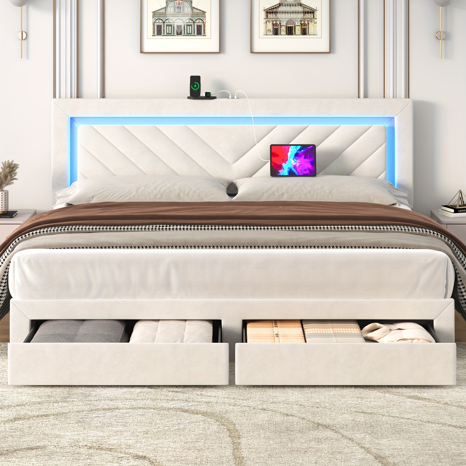 TEMU Modern Upholstered King Bed Frame With Adjustable Led Headboard & 2 Storage Drawers - Metal Platform Bed Suitable For /grey, Spring Needed,