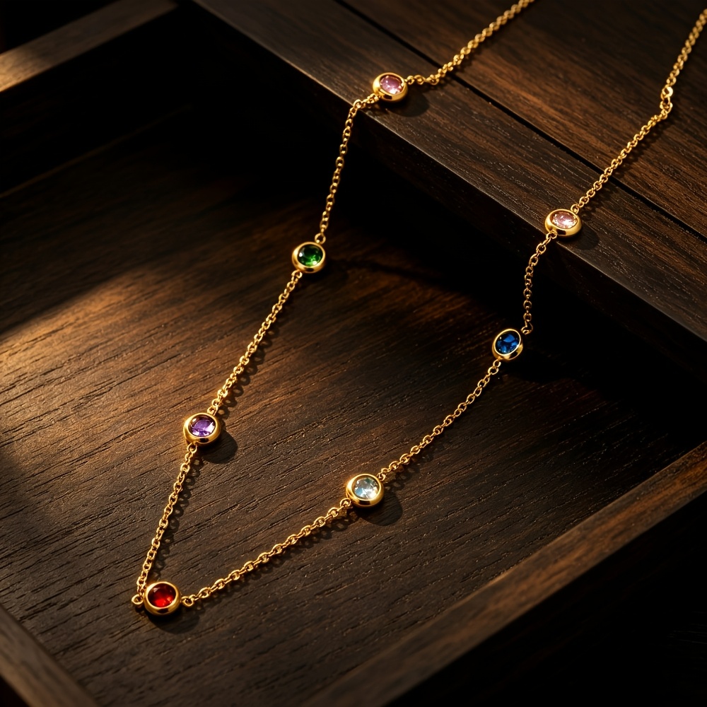 Women's Multi-Color Round Cubic Zirconia Necklace, 18K Gold-Plated