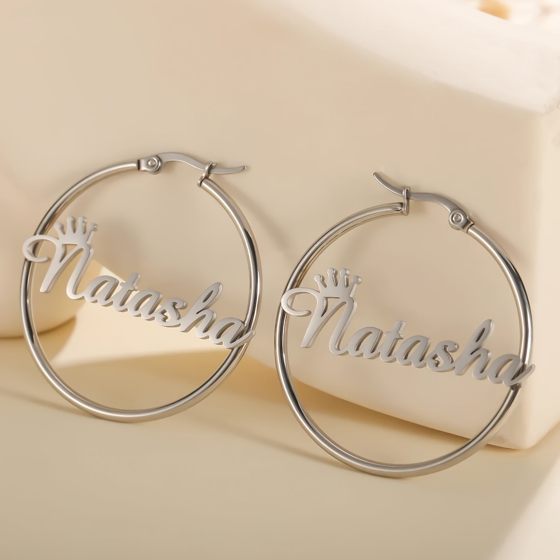 TEMU Boucles d'oreilles créoles personnalisées avec couronne et nom, boucles d'oreilles rondes personnalisées avec nom, boucles d'oreilles créoles