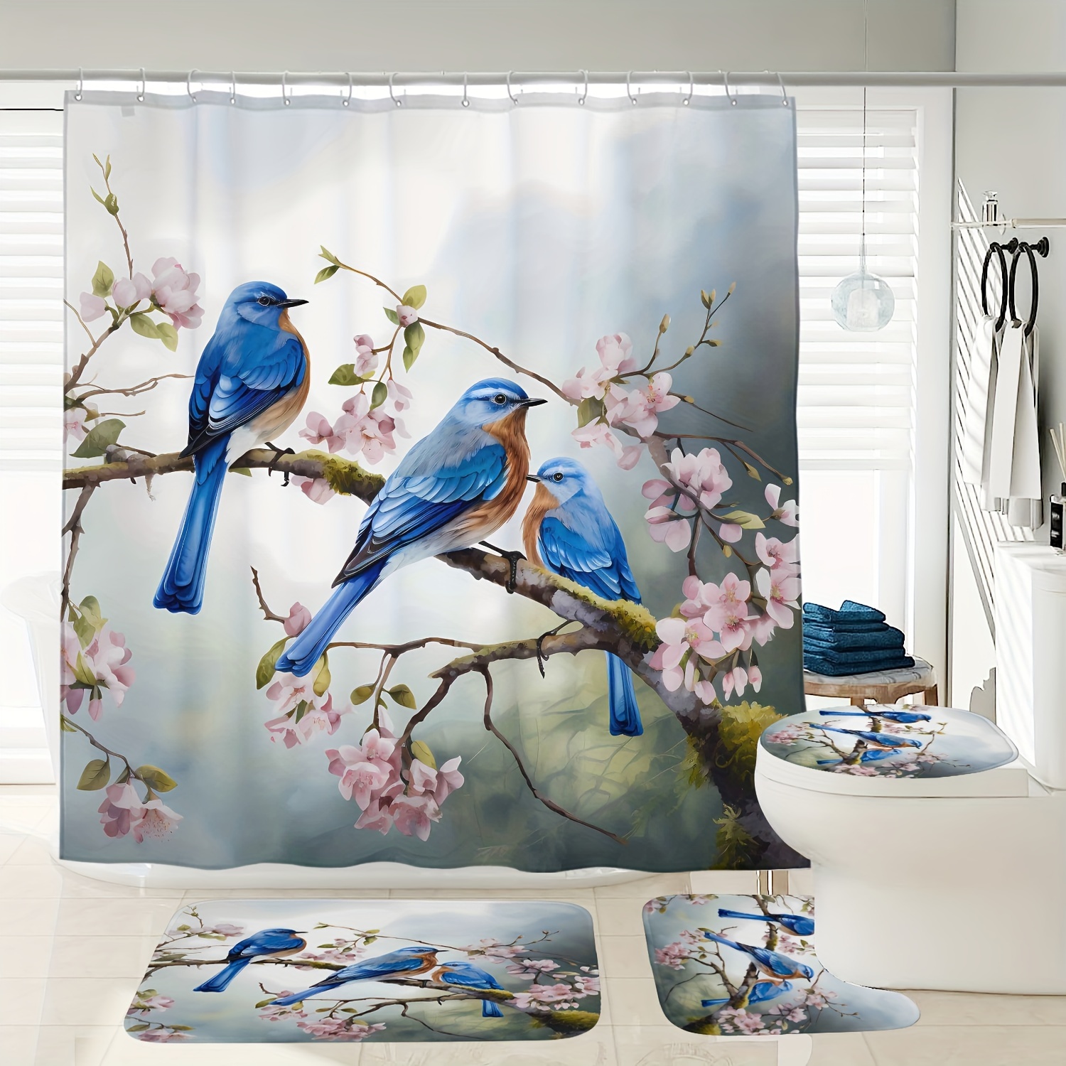 

1/3/4pcs Flower & Bird Pattern Bathroom Set, Waterproof Shower Curtain With 12 Hooks & 3 Anti-slip Mats, Toilet Cover, Absorbent Bath Rug, Bathroom Accessories, Home Decor