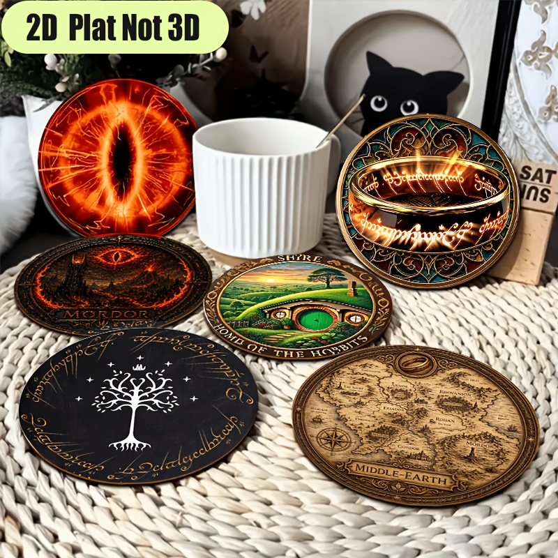 TEMU 6pcs Theme Coasters, Of The Ring Merchandise Heat-resistant Drink Mats, /eye Of Sauron/white Tree Of Gondor/middle Earth Map/one Printed, Coffee