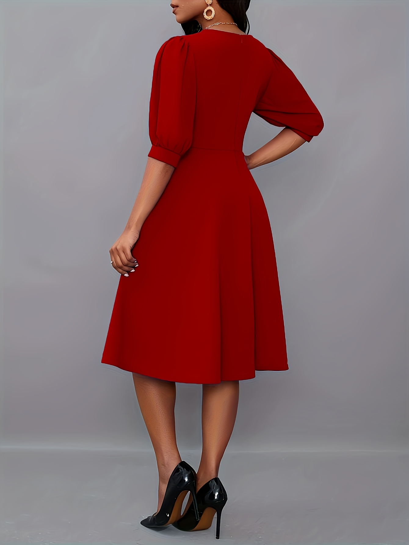 elegant womens red twist waist puff sleeve dress machine - Temu