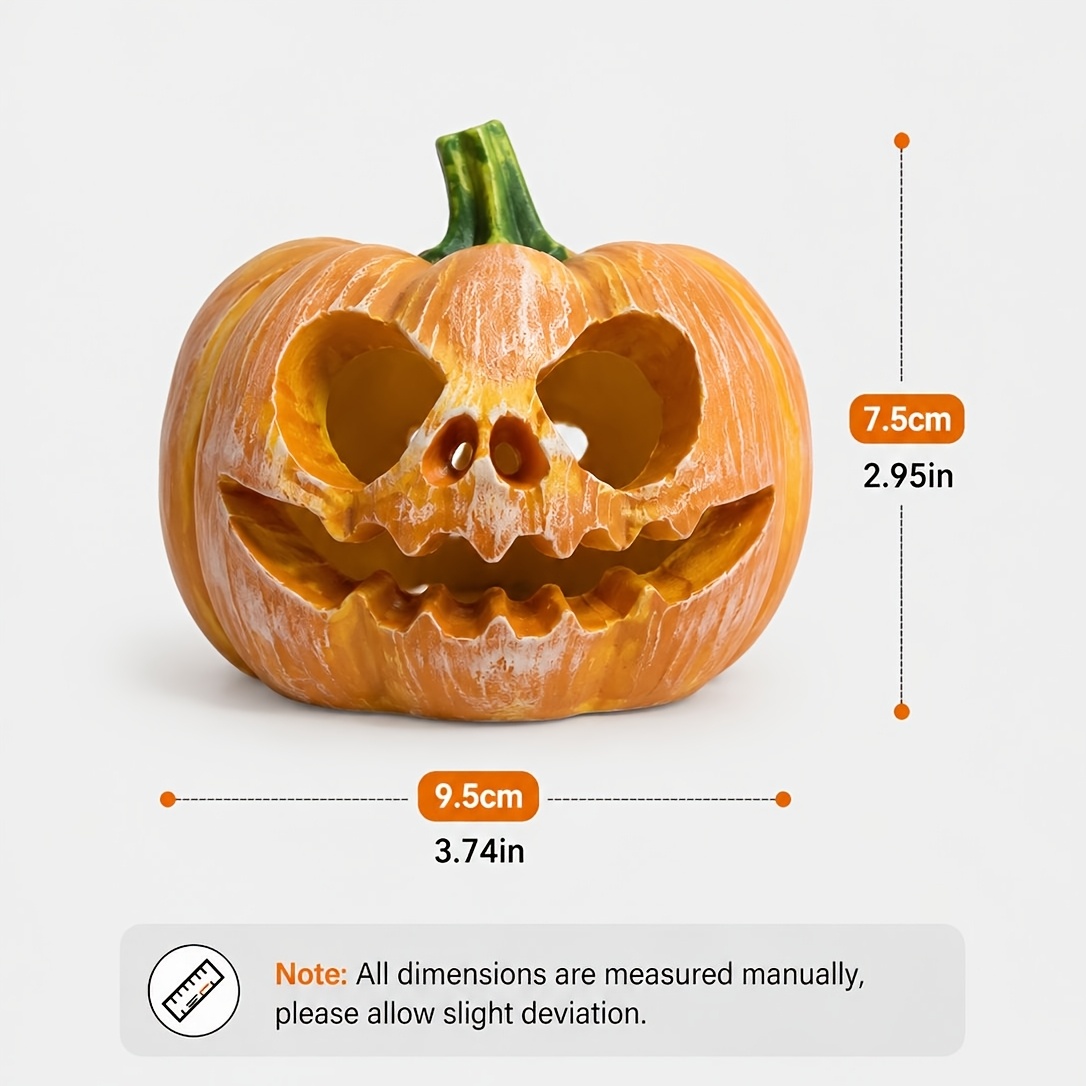 TEMU 1pc Resin Halloween Pumpkin Statue Decoration, Carved Pumpkin Figurine, Autumn Home Decor Ornament For Tabletop, Shelf And Mantel
