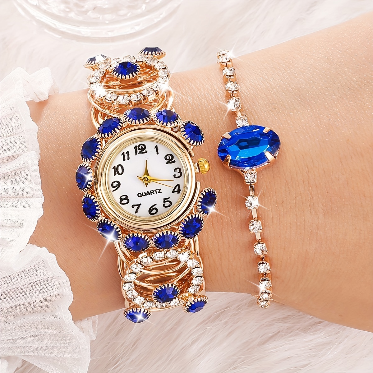 2Pc Boho Luxury Blue Rhinestone Women Quartz Watch  display picture 3