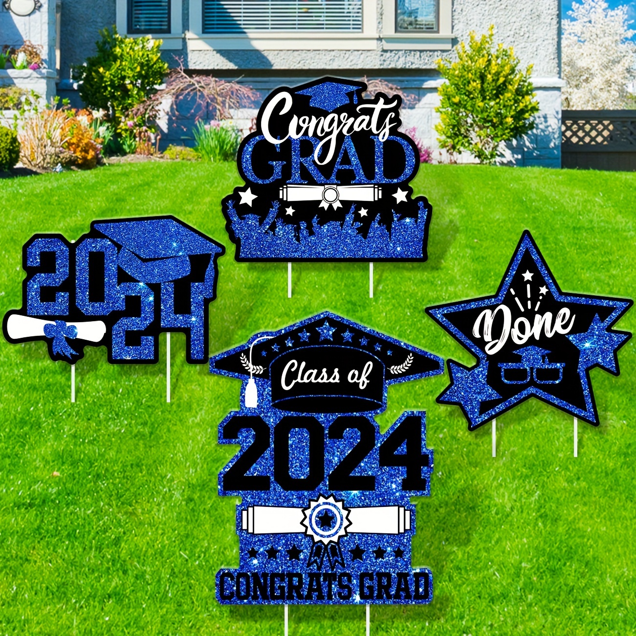

4pcs, Graduation Outdoor Decorations Blue And Black Class Of 2024 Yard Sign With Stakes Congrats Graduation Lawn Decor For Senior College Party (4 Pieces)