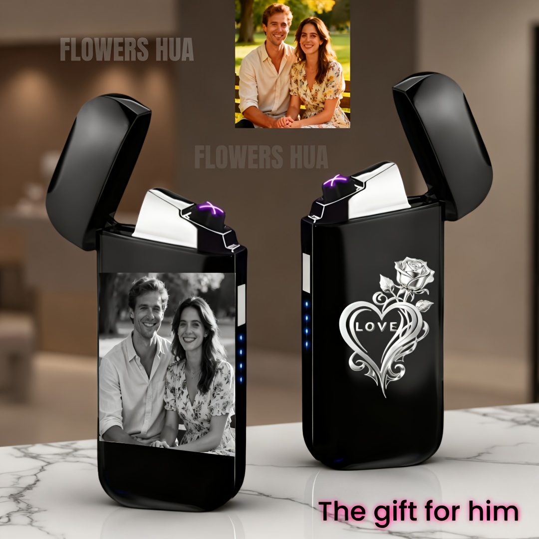 TEMU Flowers Hua Personalized Photo Lighter - Custom Name/text & Photo Usb Rechargeable Windproof Lighter, Alloy Refillable Fire Starter With Usb,