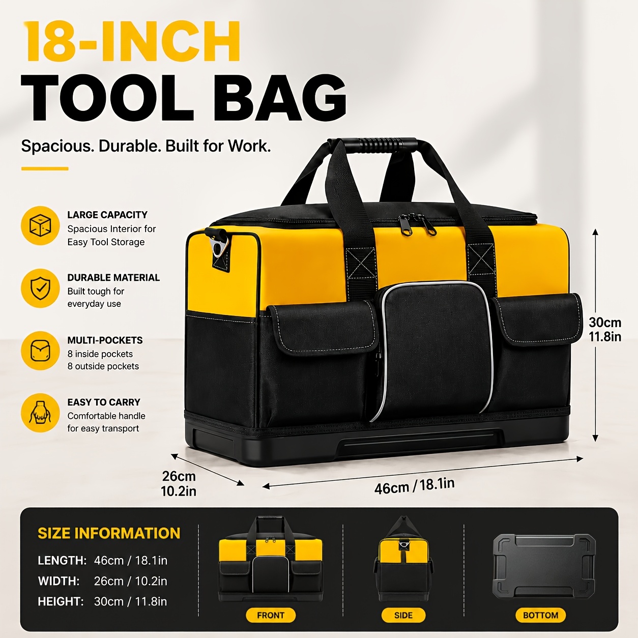 TEMU Sac à outils de 18 pouces, sac de rangement organisateur durable à 16 poches, sac à outils portable de grande capacité avec base renforcée et