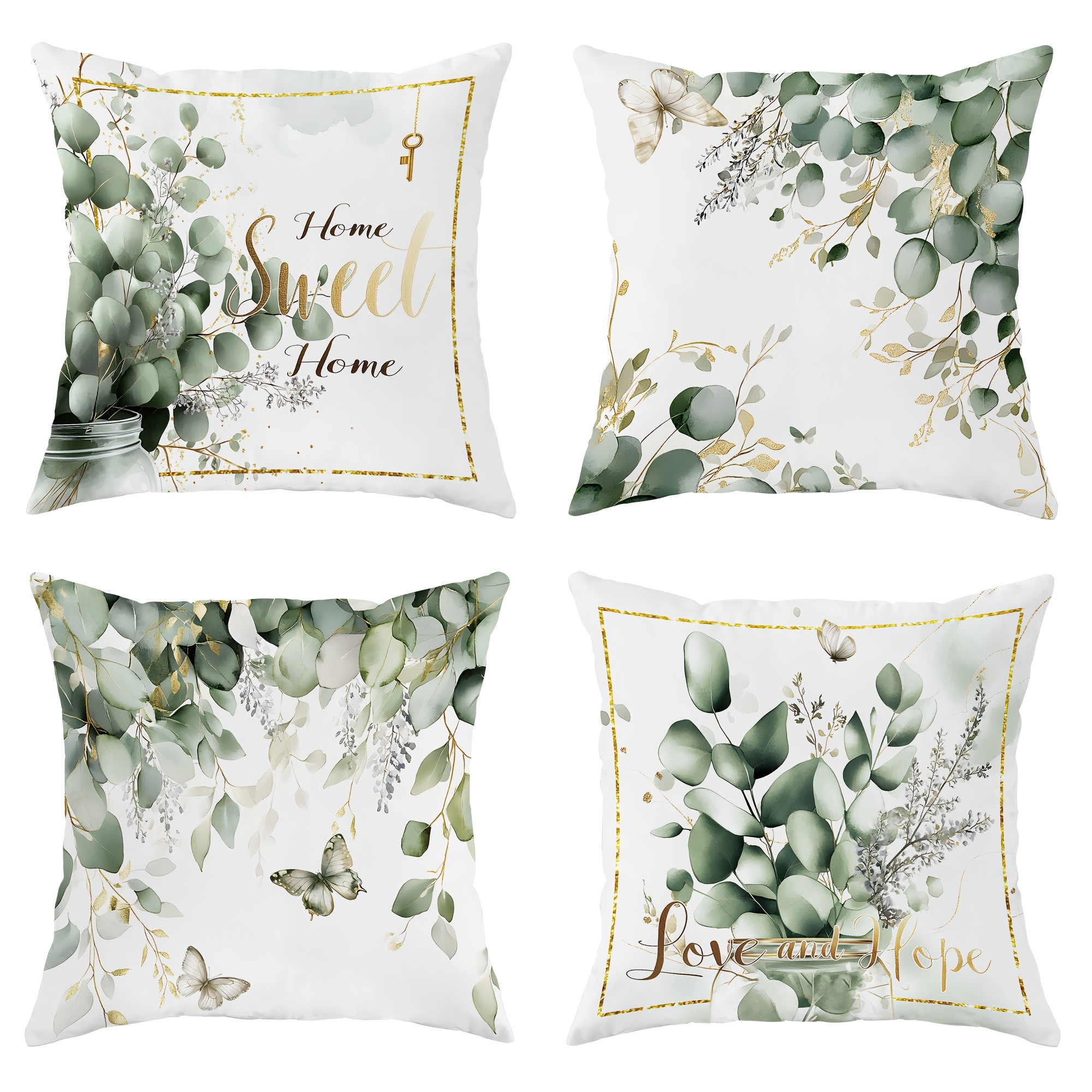 

4pcs Floral Leaves Plants Velvet Throw Pillow Covers Modern Green White Decorative Pillowcases 1 Sided Printing For Living Room Bedroom Sofa Bed Decor Without Pillow Inserts