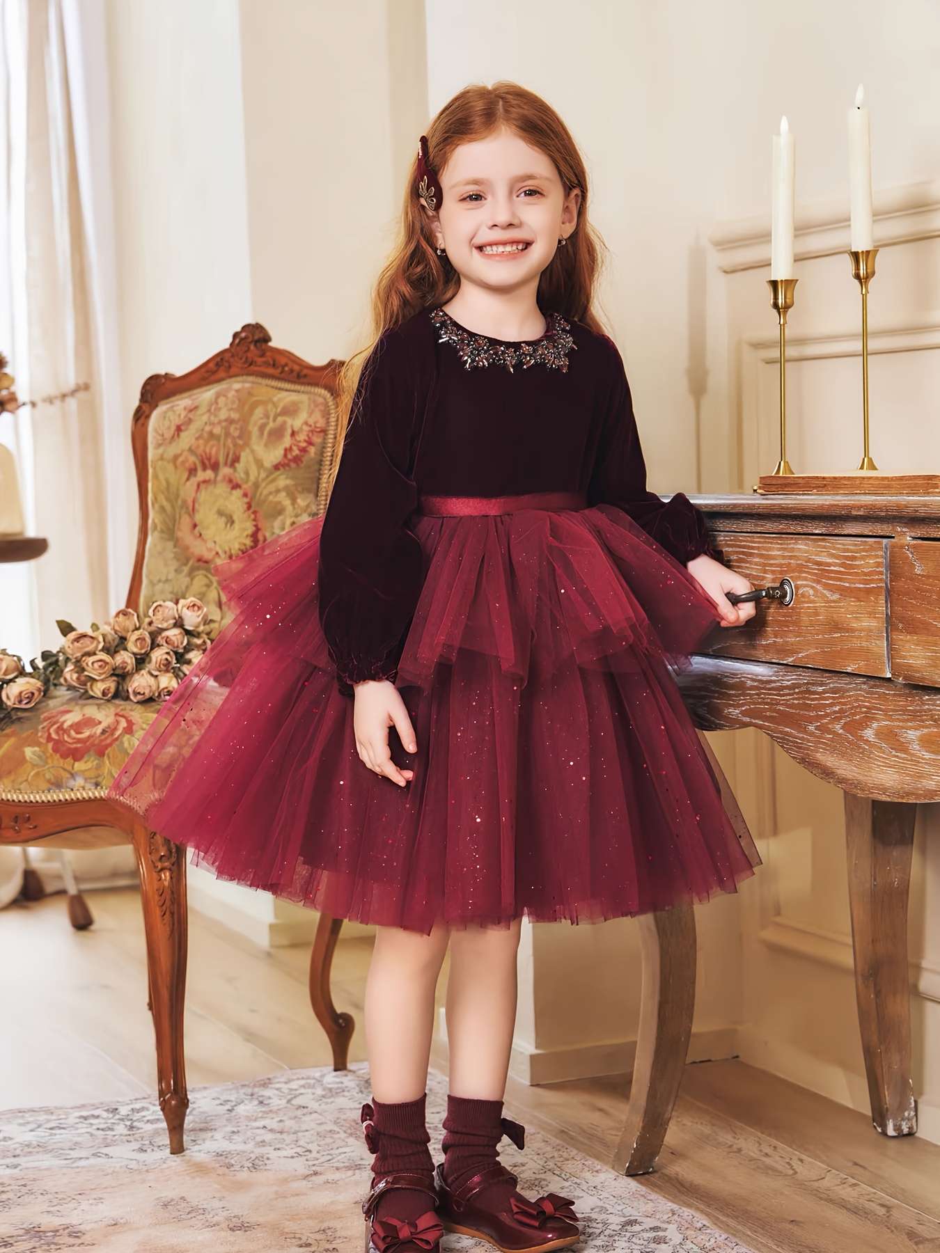 Girl Dress Velvet Gauze Cake Skirt Sweet Lovely Birthday Dress Burgundy  Autumn Winter Wear Halloween
