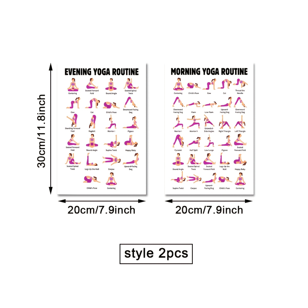 Image of [2d Flat] 2pcs Regular Morning Yoga And Evening Yoga Poses, 30 Yoga Poses Poster, Yoga Poses Wall Art, Decor, Yoga Poses Illustration Poster Instructional Decor - Unframed