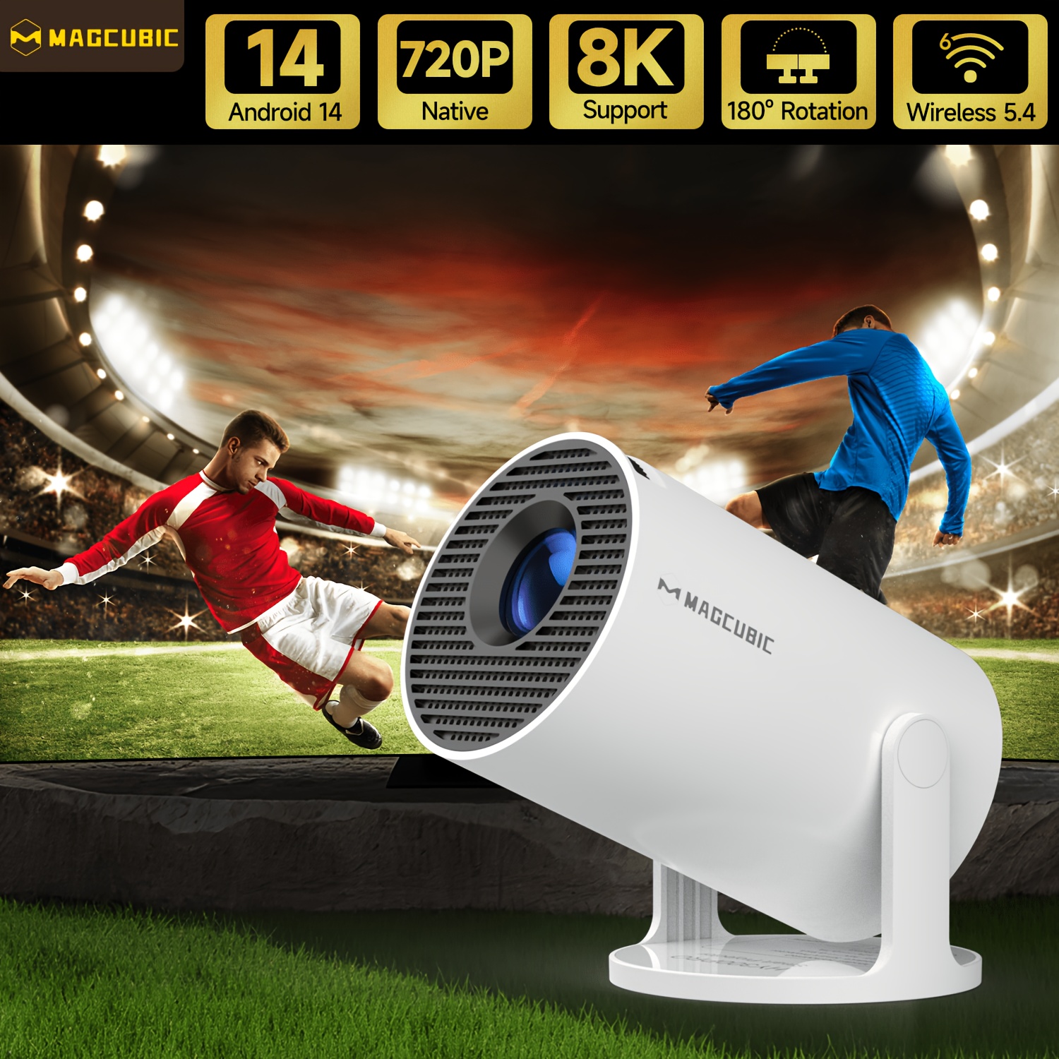 Image of Magcubic Smart Projector | 14, Wifi6 Bt5.2 Connection, Built-in 5w Hifi Speaker, Manual Focus & Keystone Correction, Native 720p Support 8k, 35-135inch Screen