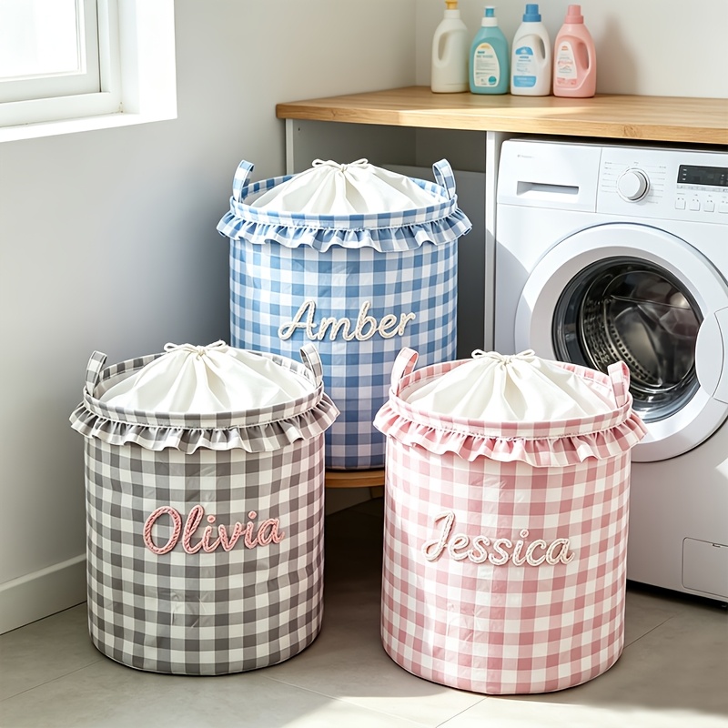 Custom Text Storage Basket - Plaid Laundry Hamper
