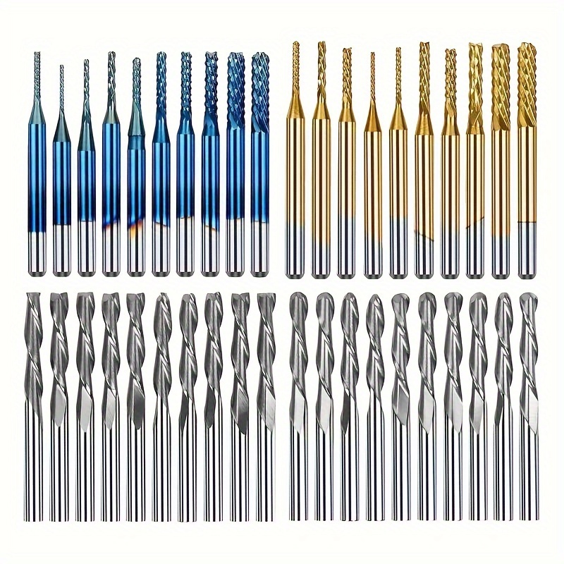 

40pcs Cnc Router Bit Set With 1/8" (3.175mm) Shank End Mills, 2 Types Bit Designs - Flat Head And Ball Helical Head, Coated And Titanium Coated Milling Cutter Set For Er11 Collets