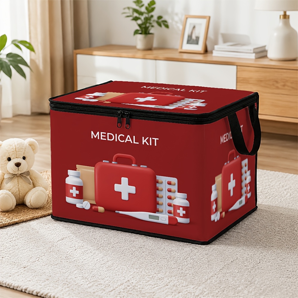 TEMU 2d Flat Printed Emergency Medical Foldable Storage Bin With Lid Quick Release Foldable Bag Aid Pattern Rectangular Storage Box For Blanket