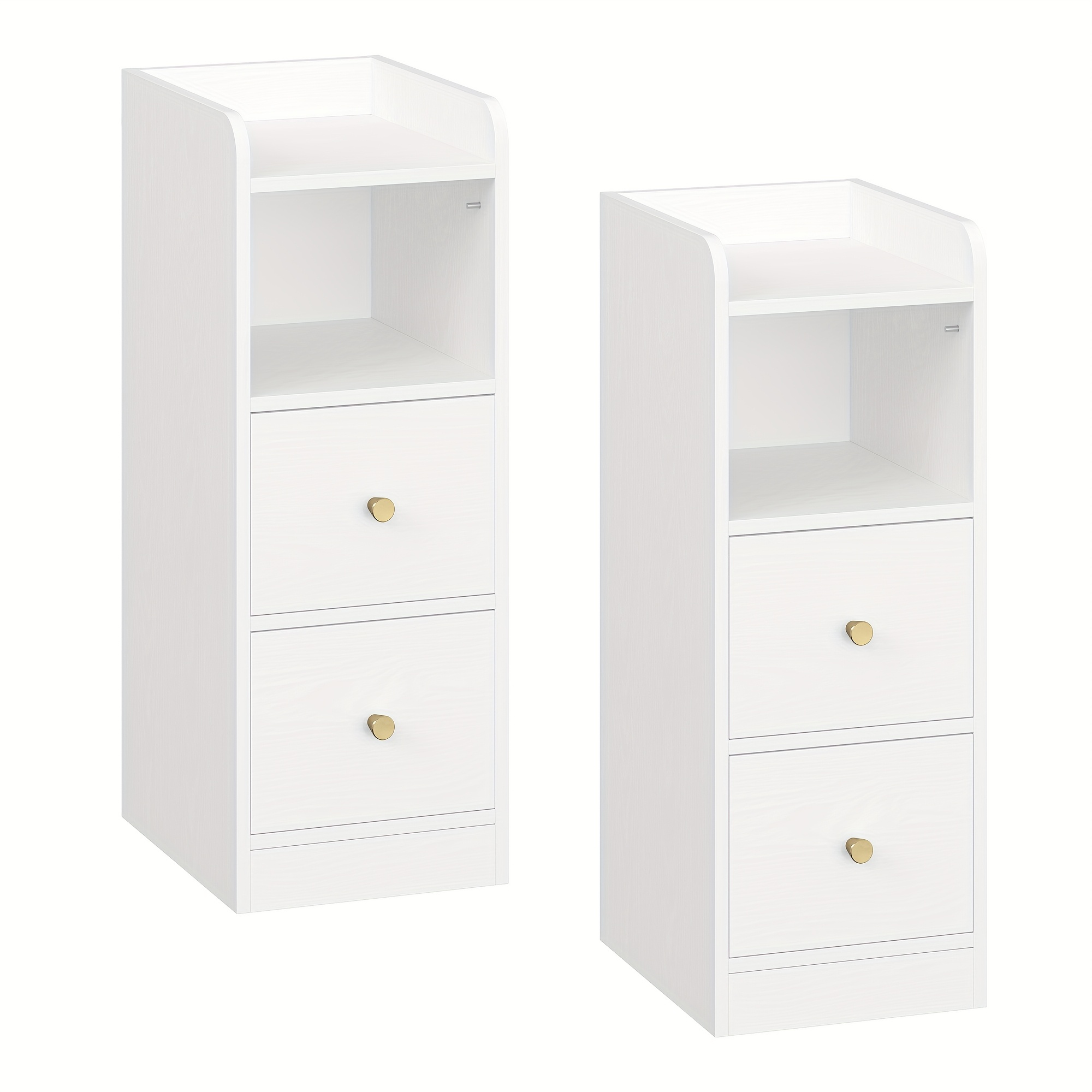 Bedside Table Set Of 2, Narrow Side Table With 2 Drawers, Nightstands With Open Compartment, Adjustable Drawer Position For Bedroom, Living Room, 30 X 24 Cm White, Storage Drawer Units