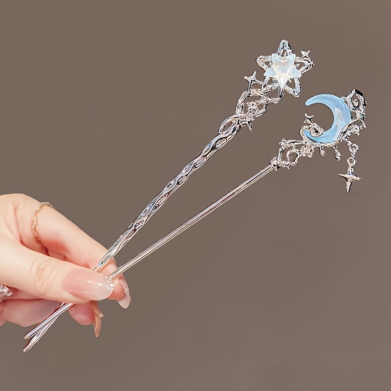 

2pcs Elegant Starry Night Hair Pins Set - Theme Hair Sticks With Crescent For Women - Prom And Special Hair Accessories