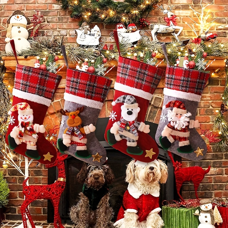 

Cotton Christmas Stockings Set Of 4, Festive Hanging Sock Decorations Featuring Santa, Snowman, Reindeer - No Electricity, Feather-free For Seasonal Decor