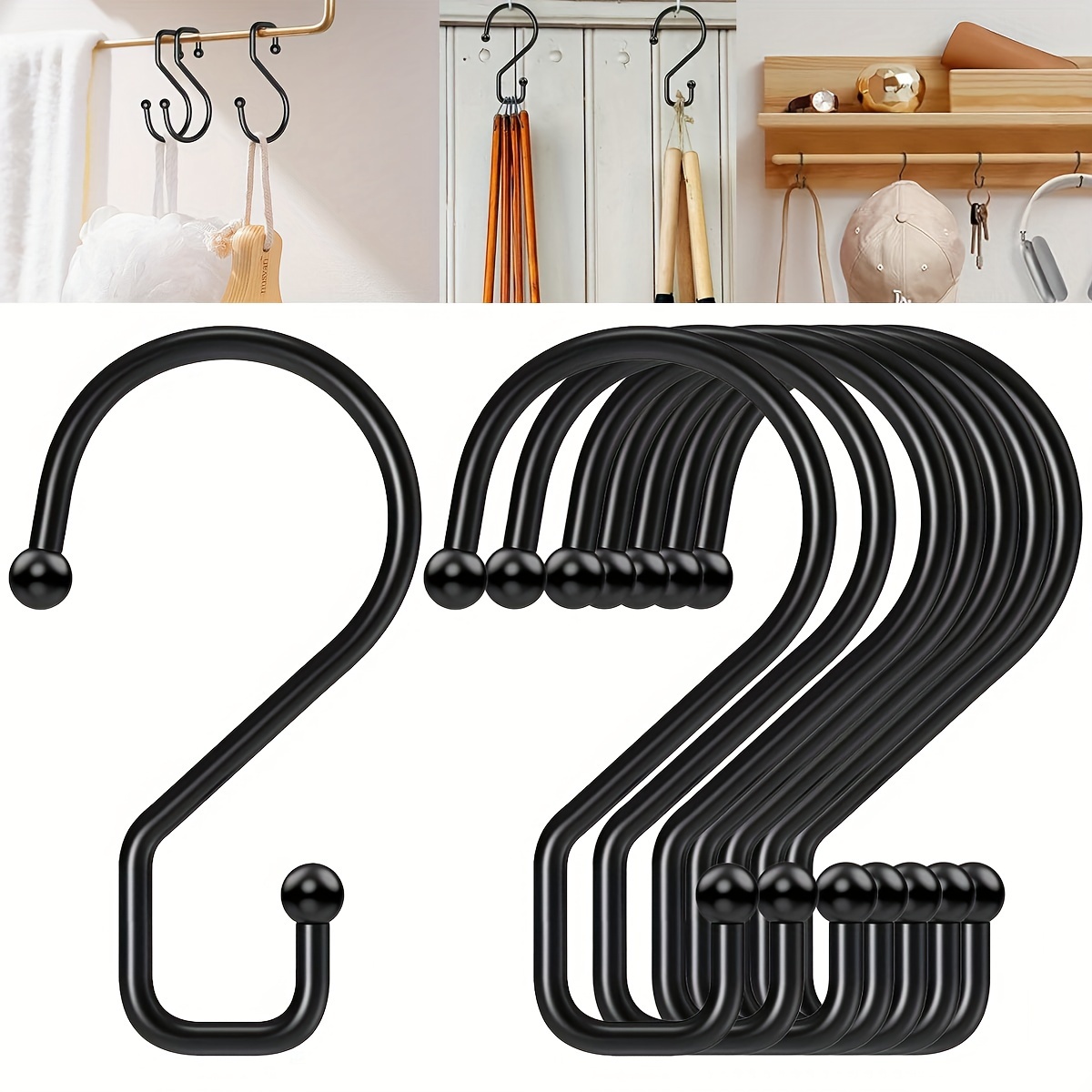 S Hooks, Reversible Black Metal S Shaped Hooks 3 Inch Small Closet S Hooks Heavy Duty S Hanging Hooks For Pots Pans Mugs Curtains Pants Purses Crafts Plants -8pcs, Utility Hooks