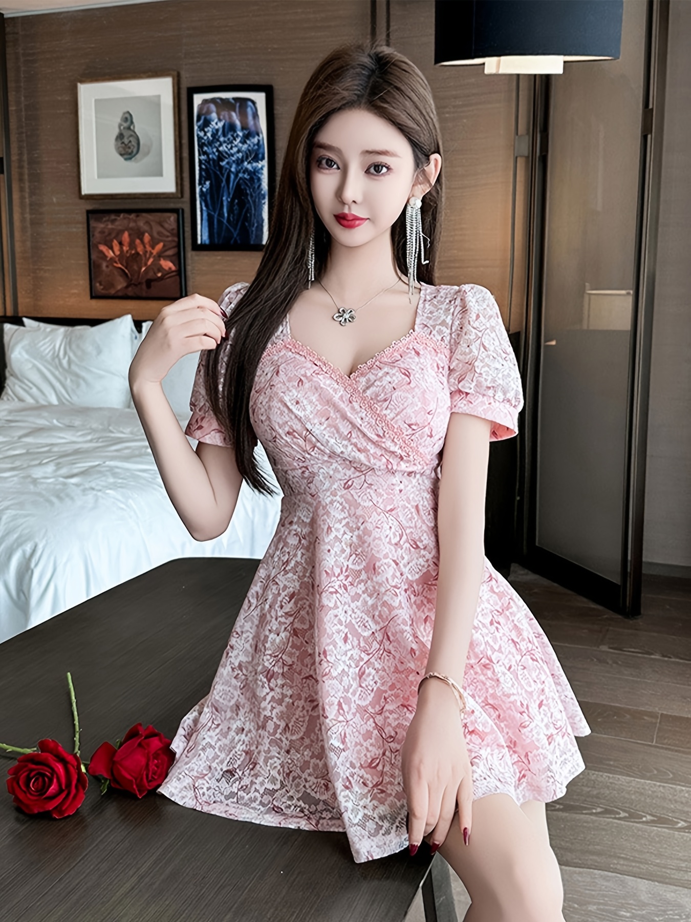 Lace Dress Womens Pink Casual Dress Light Luxury Womens Floral Lace Dress  Ladies Summer A Line