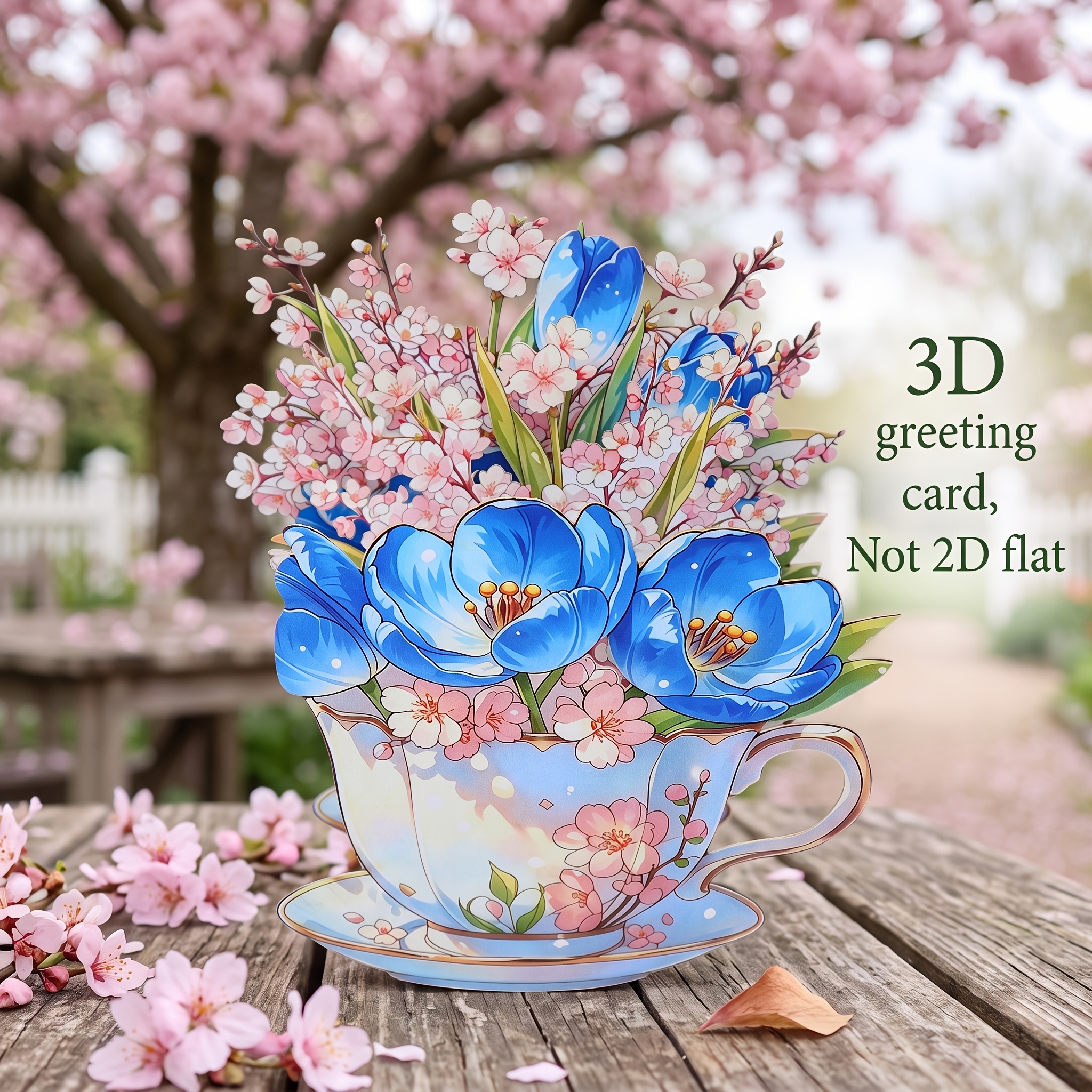 TEMU 3d Floral Greeting Card With Envelope And Message Card, Exquisite Teacup Bouquet Design Featuring Blue Tulips And , Vibrant Paper Craft Artwork,