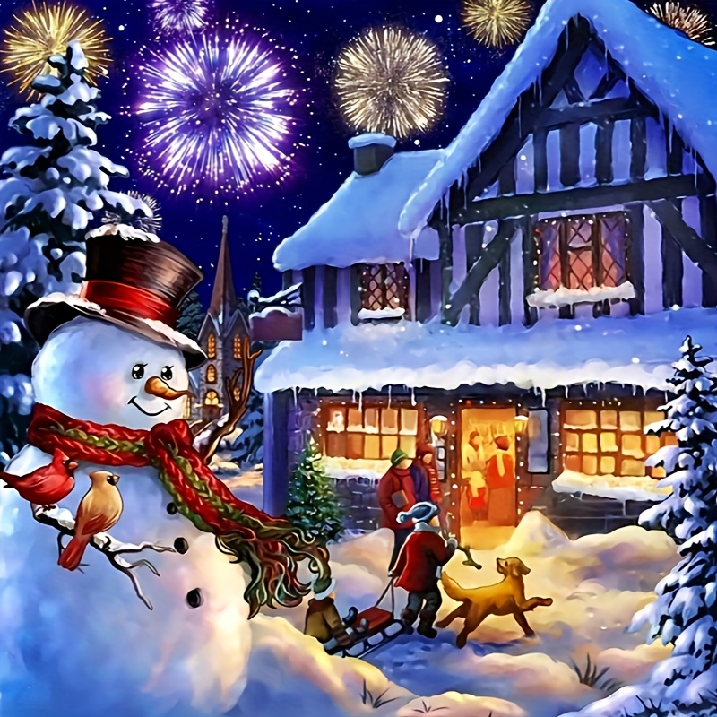 

1pc 5d Diy Diamond Painting Kit, 40x40cm Round Acrylic Diamond Art, Christmas Scene With Snowman, Fireworks, And Cottage, Embroidery , Wall Decor