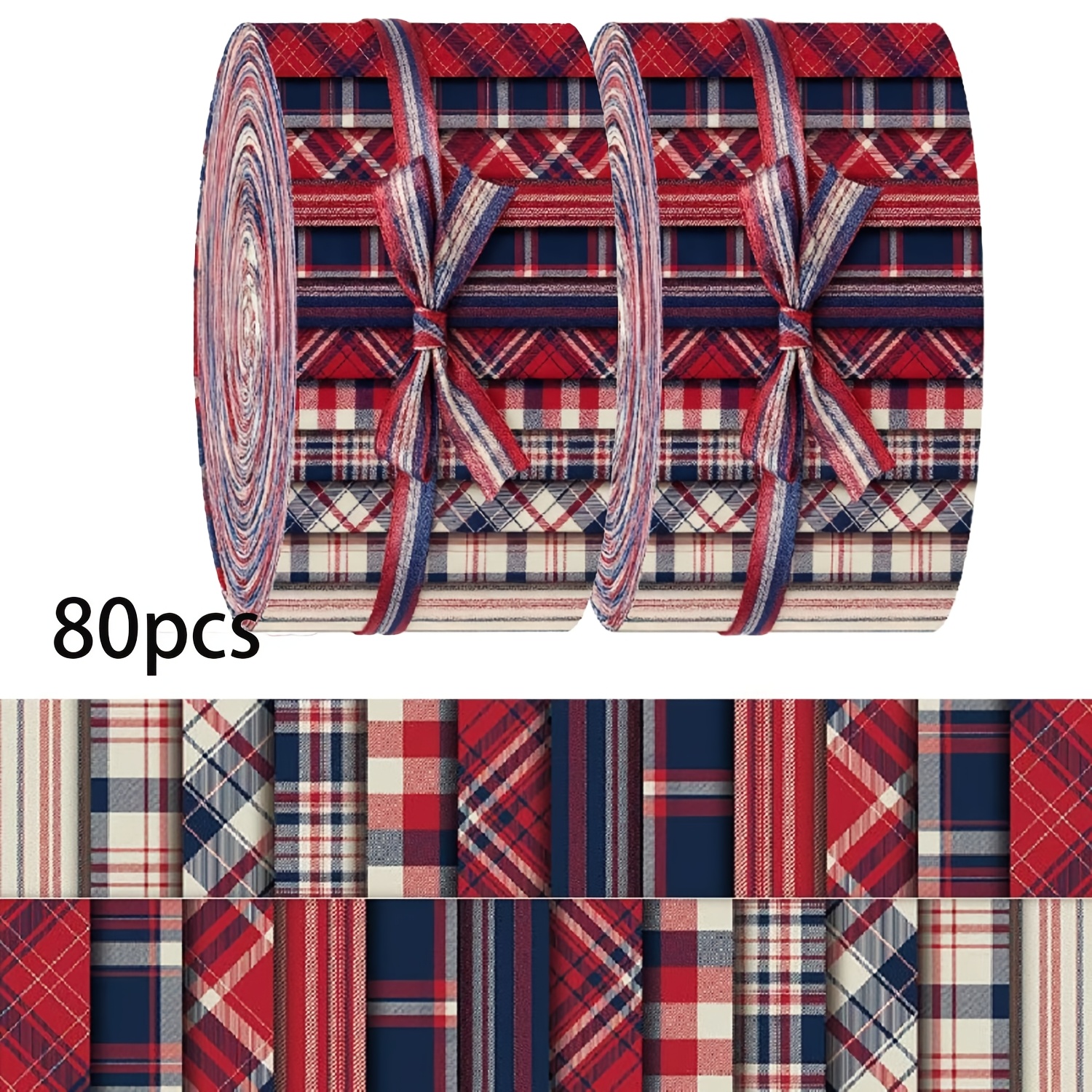 TEMU 80 Sheets 6.5 X 50cm (2.55 X 19.7in) American Traditional Red Blue Checkered Striped Pre-cut Fabric Bundle, Suitable For Hand Sewing, Quilting,