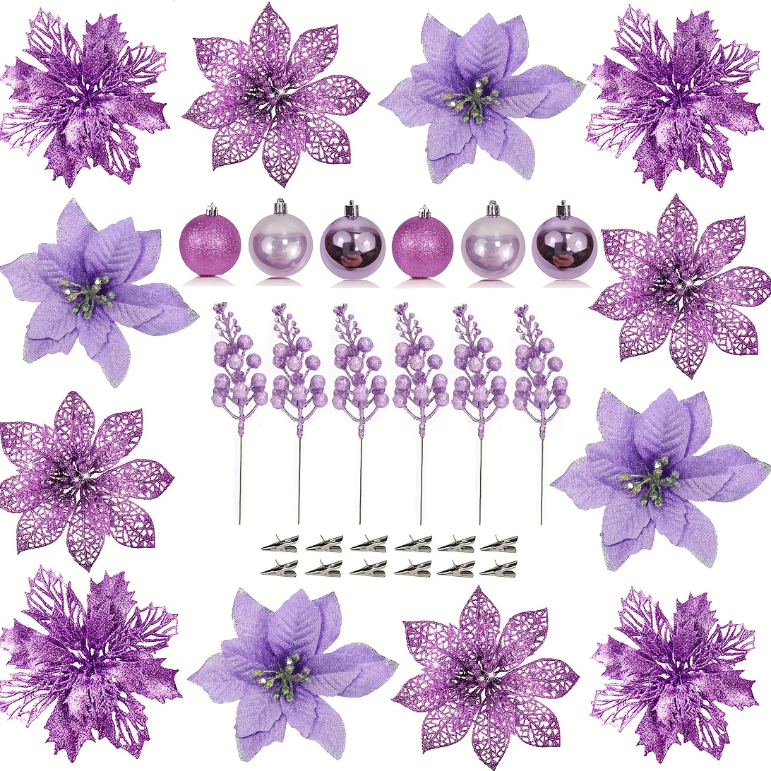 Image of 24pcs Christmas Poinsettia Flowers Decor Set, Christmas Tree Decorations,artificial Christmas Flowers,glitter Berries Stems,christmas Balls,silvery Clip,home Decor, Tree Ornaments