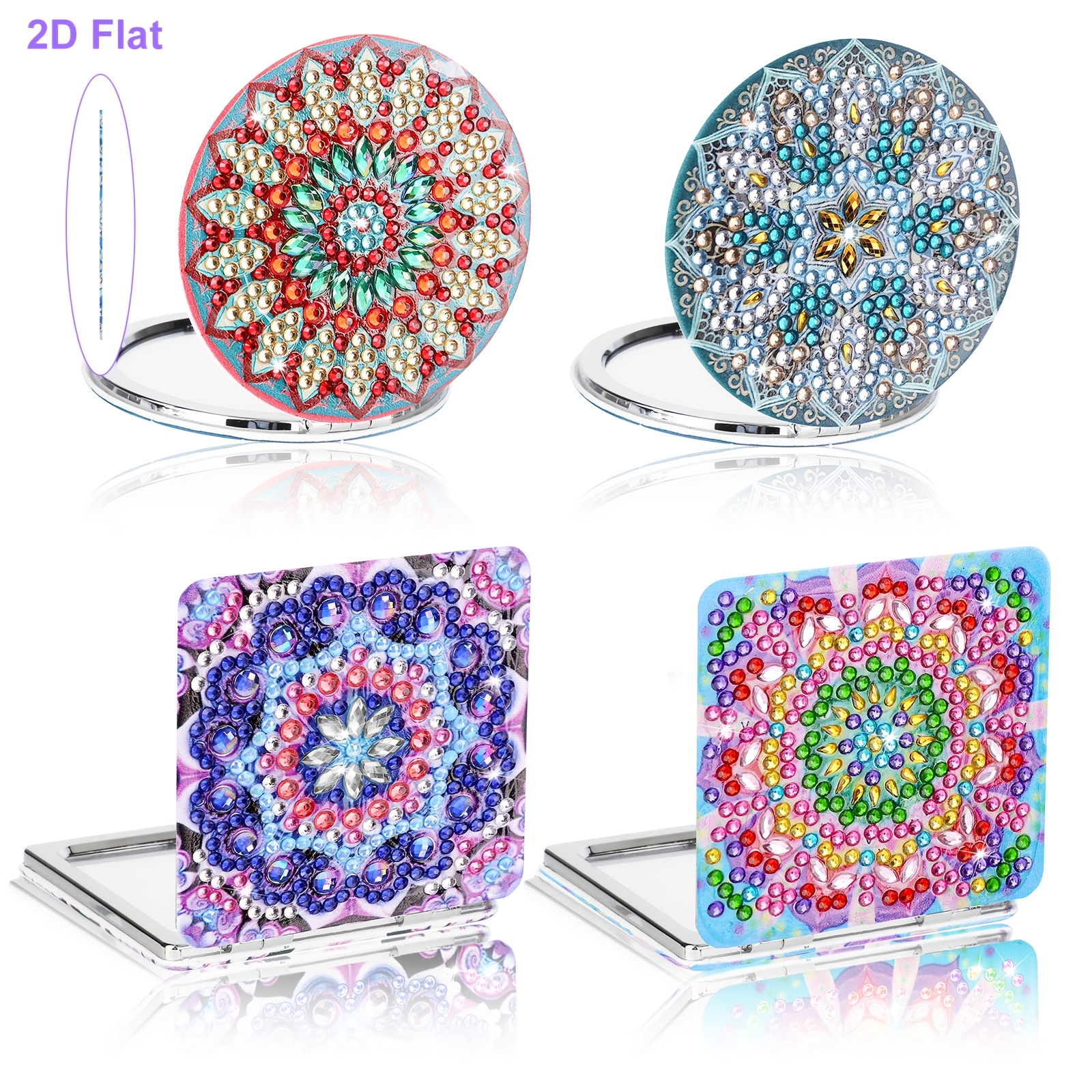 TEMU 2d Flat, 4pcs Diy Diamond Painting Mirror Set, Mandala Handheld Makeup Mirrors, Portable Magnifying Folding Purse Mirror For Adults And Ladies,