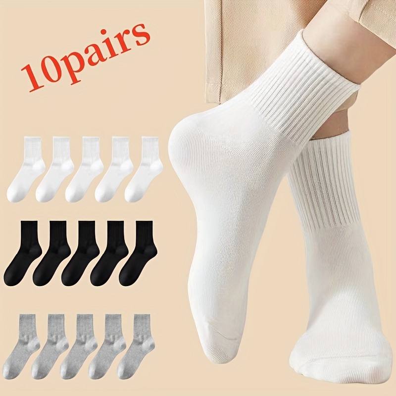 

5/10 Pairs Of Men's Trendy Solid Crew Socks, Breathable Comfy Casual Unisex Socks For Men's Outdoor Wearing All Seasons Wearing