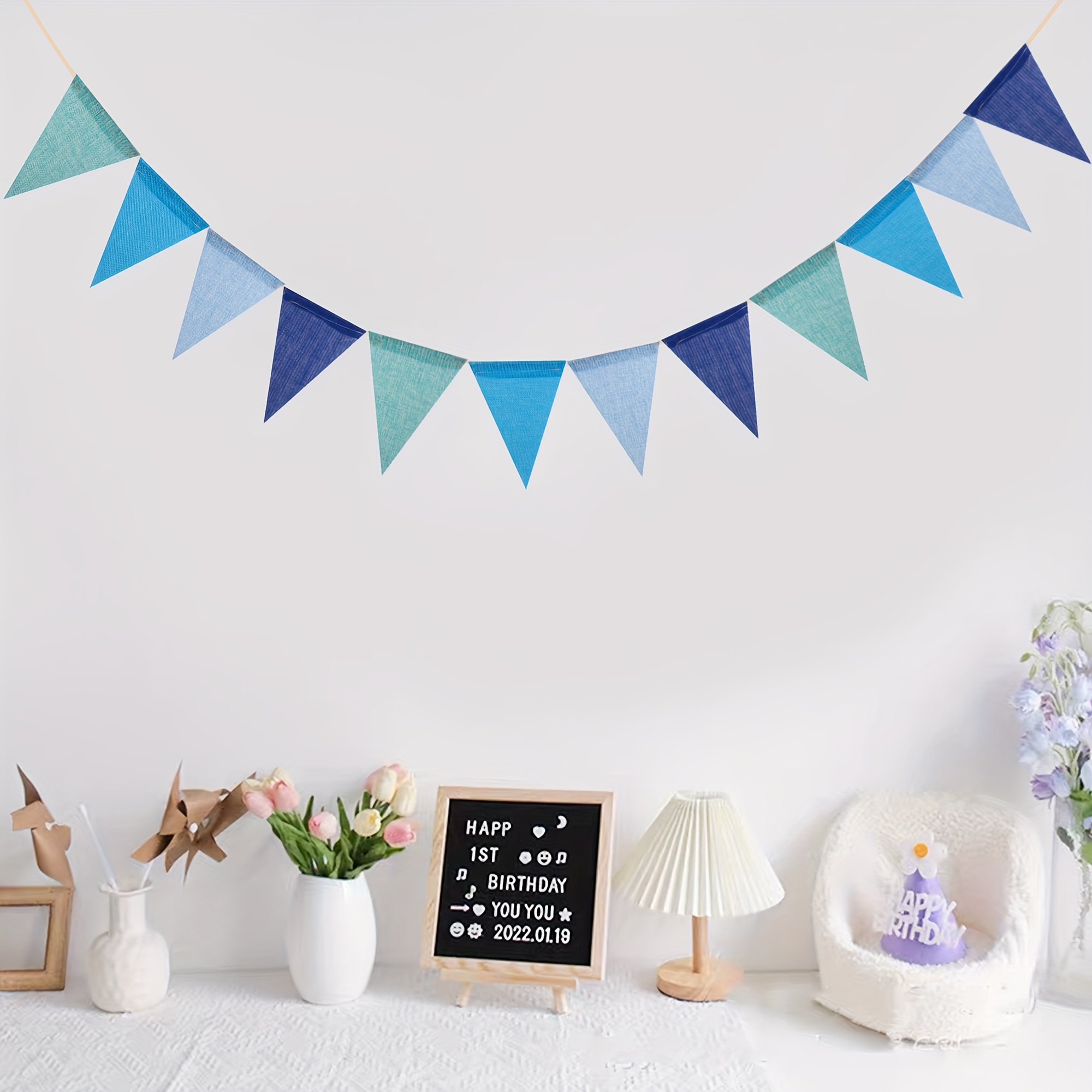 

12-piece Blue Burlap Pennant Banner Set For Diy Birthday Party Background Decoration, Garden Use