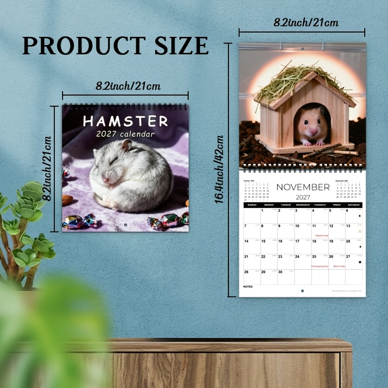 TEMU 2027 Hamster Calendar - Cute Hamster Design, 12-month Monthly Layout, English Language, Everyday View, Hamster Decor, Perfect Gift For Pet