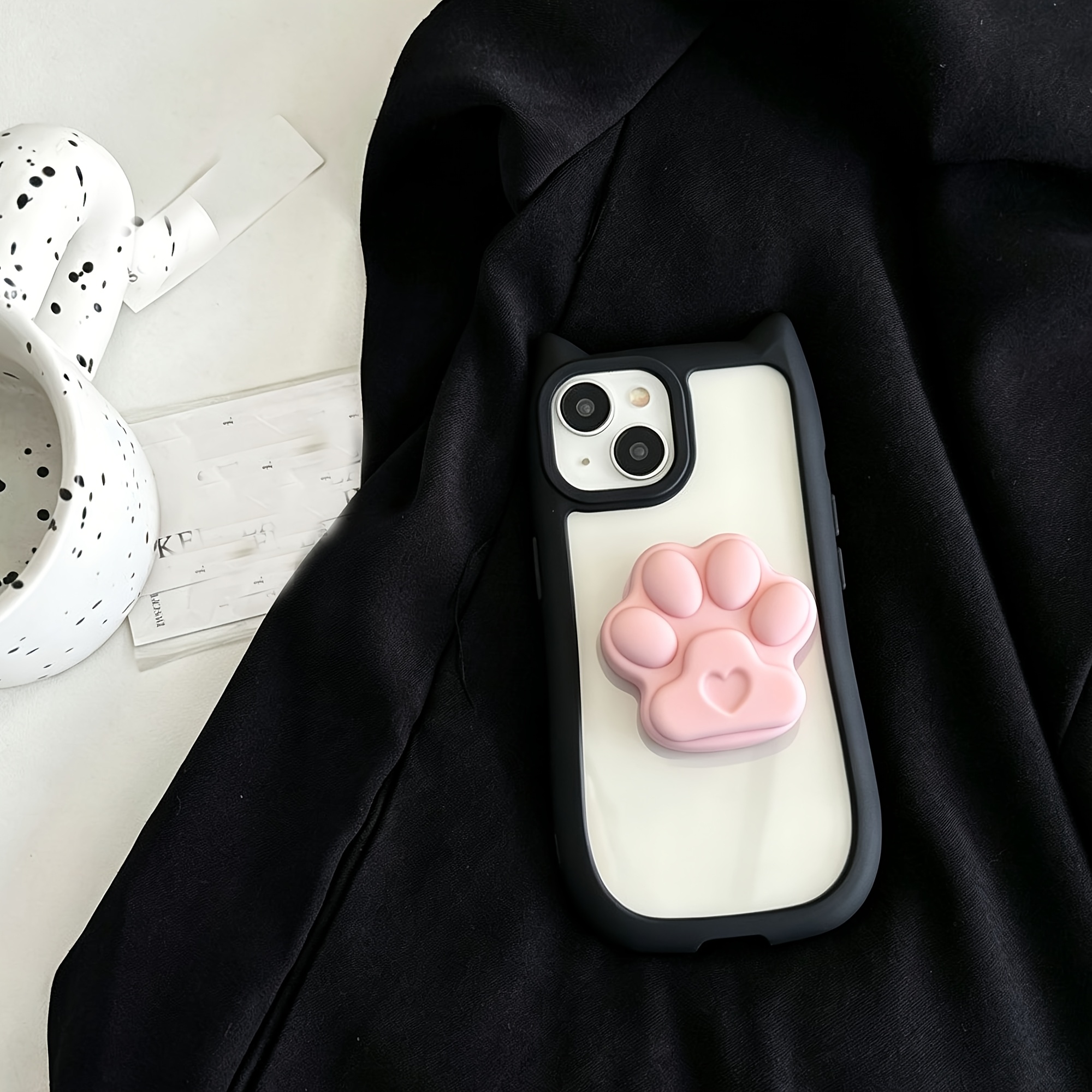 TEMU Phone Case - 2pcs (phone Case And Cat Paw Folding Stand) Fashion Korean Cute 3d Cat Ear With Cat Paw Retractable Stand Phone Case, Suitable For