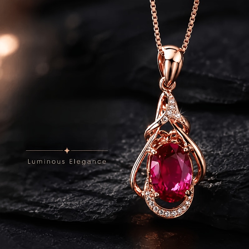 Collier pour femme en rubis synthétique avec pendentif ovale en rubis de synthèse - -ternissure, hypoallergénique, convient pour mariage, mariée, accent de CZ transparent, cadeau pour anniversaire, bal de fin d'année, tenue décontractée, chaîne boîte pour elle, pierre précieuse rouge esthétique