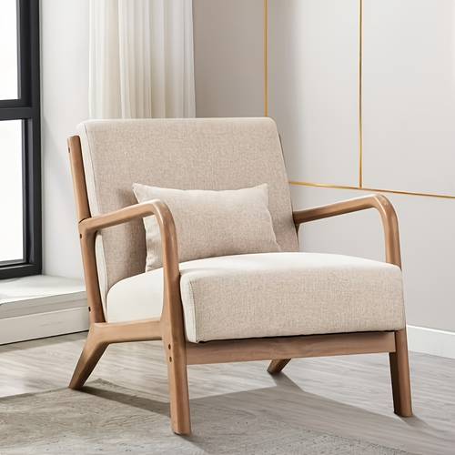 century modern accent chair linen fabric upholstered living room chair with solid wood frame lumbar pillow comfy cushion easy assembly reading side chair for bedroom office