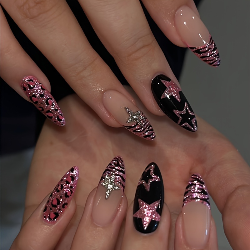 TEMU 24pcs Y2k Nails Almond Press On Acrylic Nails Medium Surface Glossy Pink Tips Design Gel Nails Reusable With Zebra Leopard & Star Rhinestone