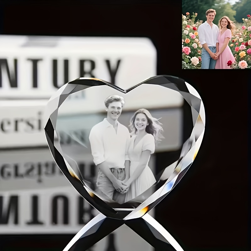 TEMU Collectible Figurines ，1pc Personalized Laser-engravable Heart Glass Sculpture - Custom Photo & Text Romantic Keepsake, Laser-engraved Love