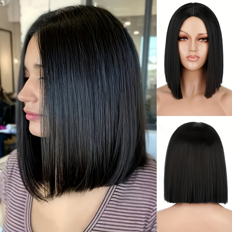 TEMU Elegant Women's 12-inch Black Bob Wig - Heat-resistant Synthetic Fiber, Middle Part Style, No Bangs - Net , Natural Look, Lightweight Design,