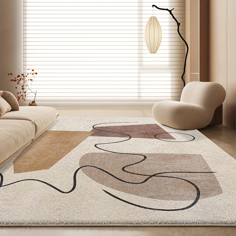[ Product] - Modern Beige And Brown Abstract Design, Ultra-Soft, Machine Washable, Living Room, Bedroom, Office Decor - Home Rug, Indoor Mat | Abstract Print Mat | Polyester Velvet Mat, Living Room Carpet