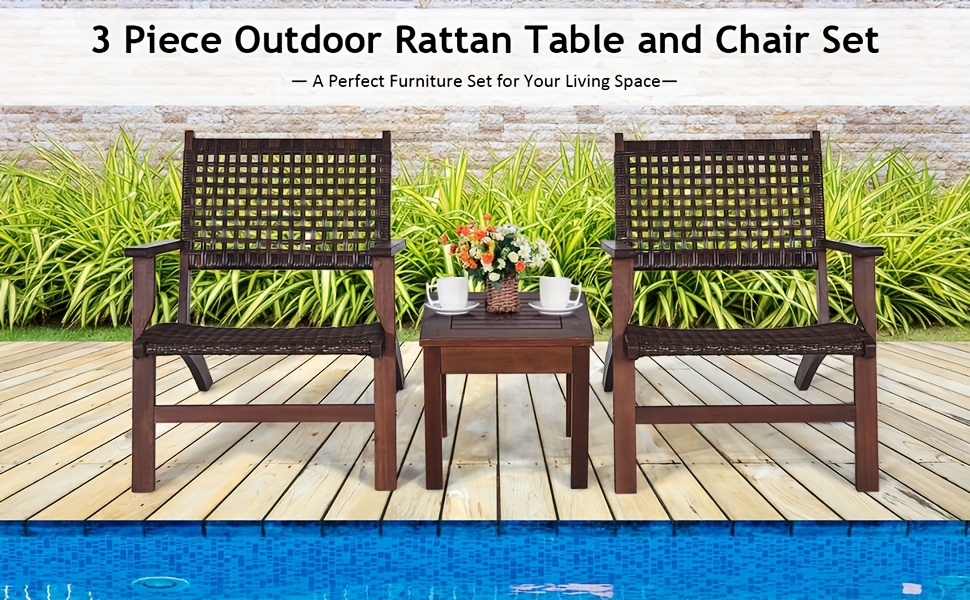 3pcs Outdoor Patio Rattan Furniture Set Solid Wood Frame Chair Coffee Table