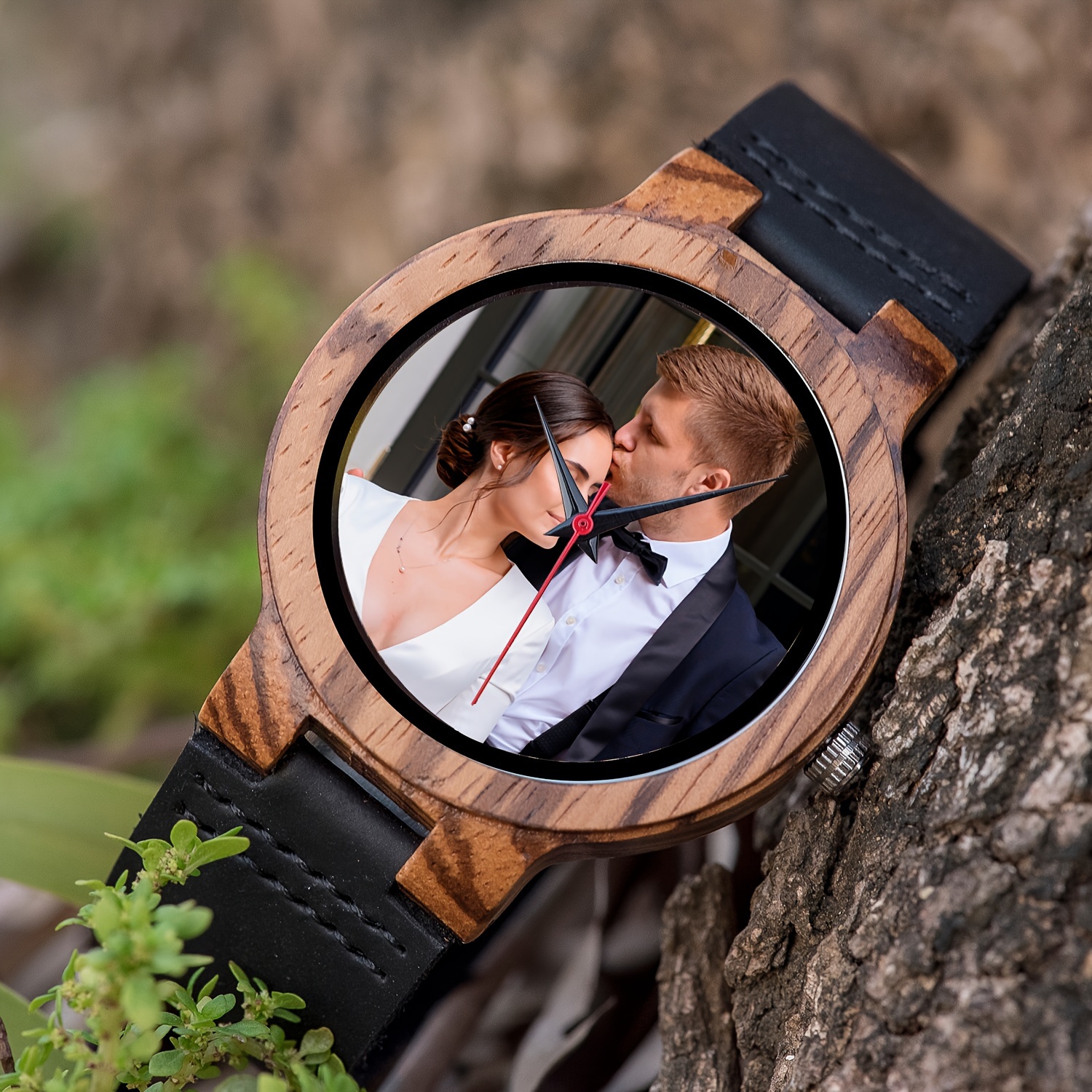 Reloj de Madera Personalizado con Foto Personalizada Madera Natural,  Correa Ajustable de Cuero Movimiento de Cuarzo, Visualización en