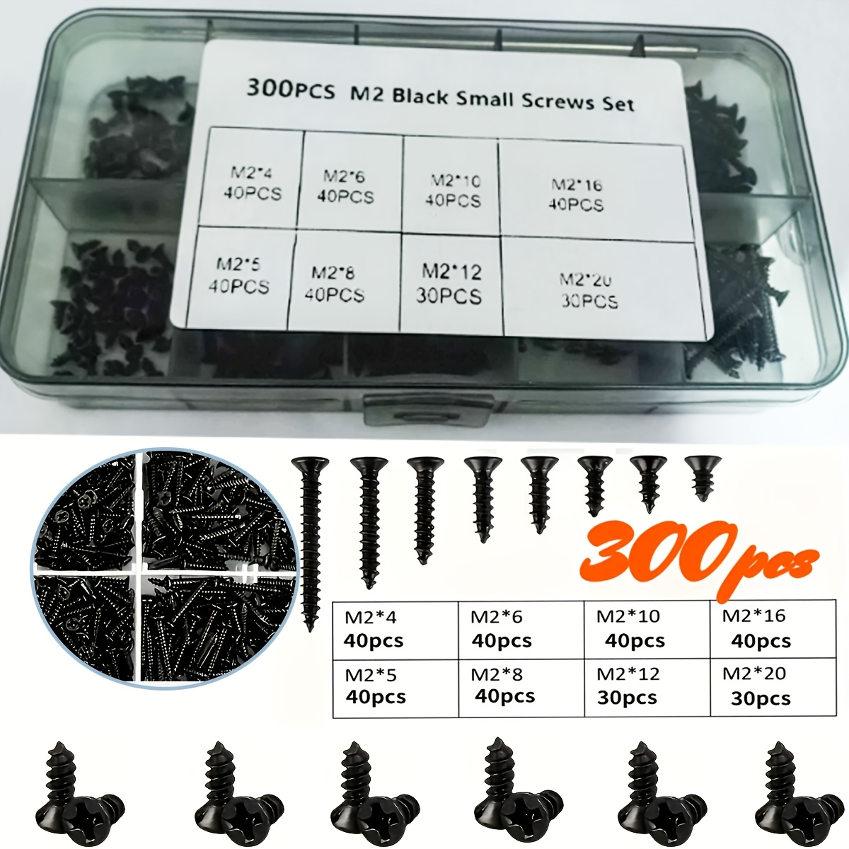 TEMU 300pcs Of Box-packaged Black High-strength M2 Self-tapping Screws - Cross-head Flat Countersunk With Black Oxide Coating, Suitable For And