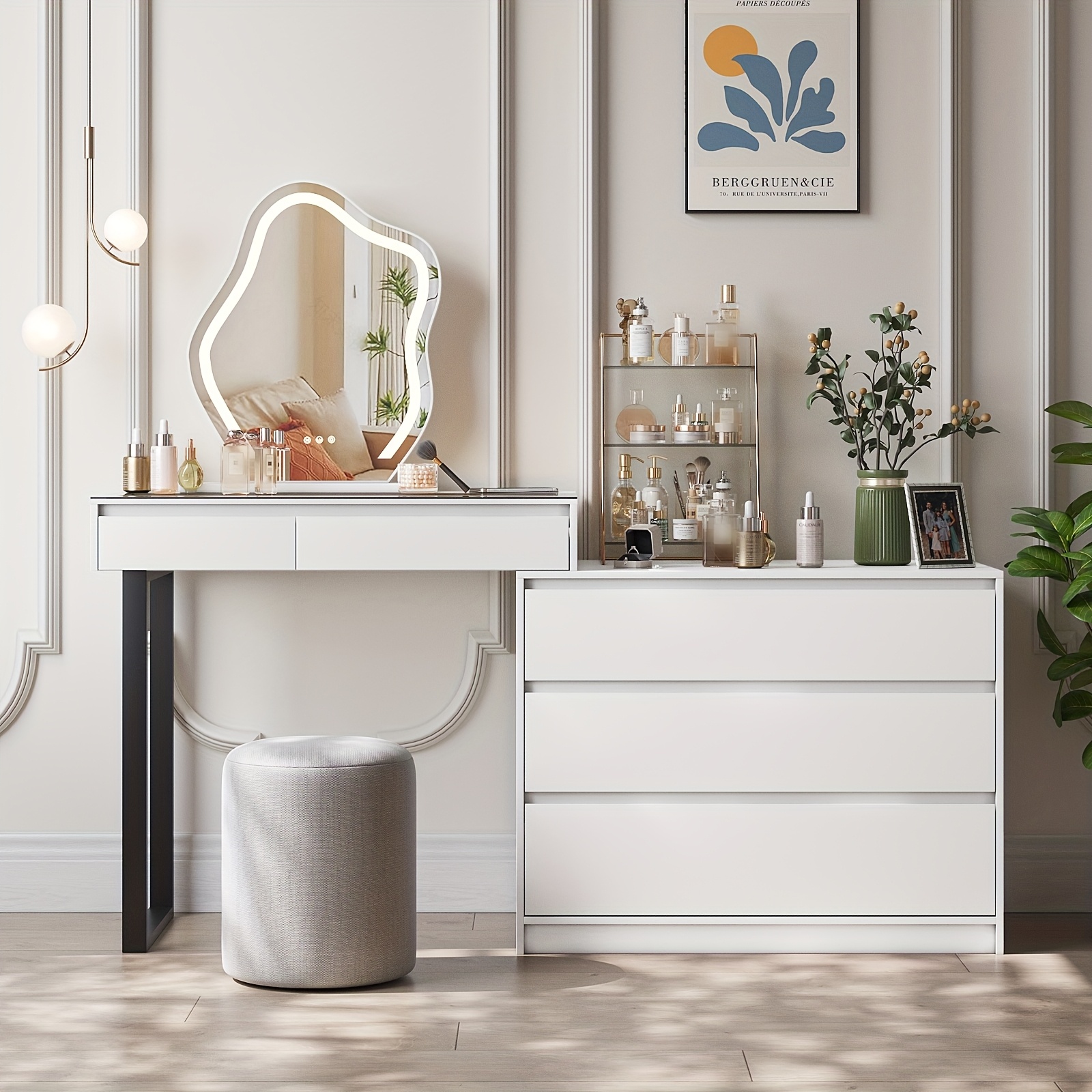 TEMU 1 Pièce à Bijoux - Organisateur Blanc avec Lumières LED et Capteur de Mouvement, Grande Capacité avec 3 Tiroirs et Plateau en Verre Transparent,