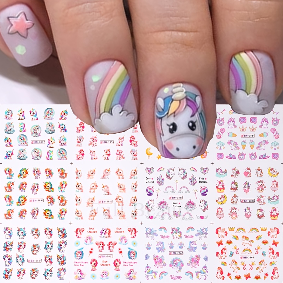 

12 Designs Pink Unicorn Water Transfer Slider Rainbow Horse Ice Cream Heart Cartoon Anime Nail Sticker Polishing Nail Decoration