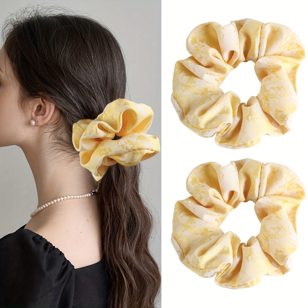 2pcs Beige Floral Hair Claw with Yellow Satin Scrunchie Yellow Blossom Hair Accessories Combo – Floral Claw Clips  main image 4