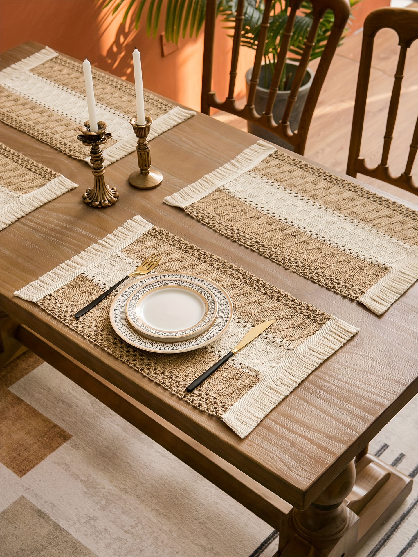 4 6pcs bohemian burlap placemats chic hand woven linen blend table mats striped rectangular table mats with light luxury feel suitable for coffee tables home decoration and holiday entertainment decoration durable easy to clean Product details 5