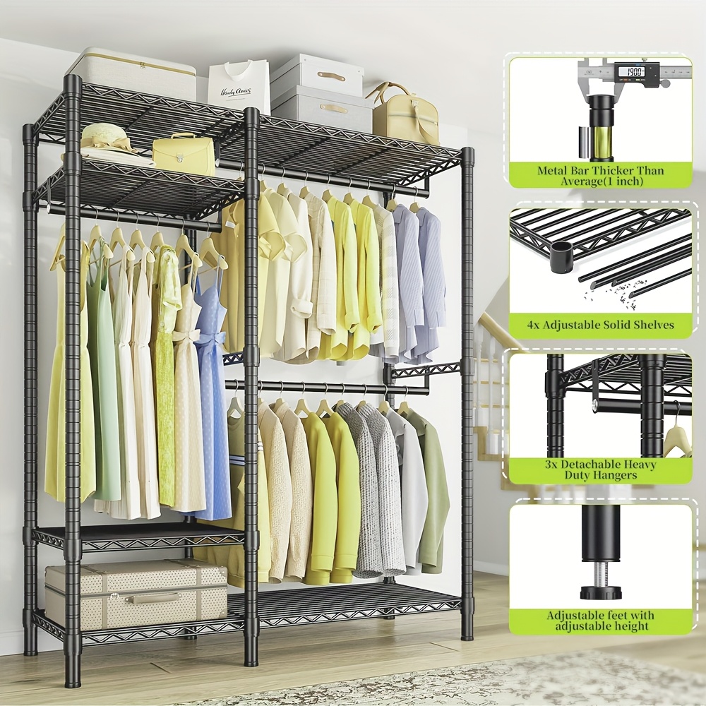 Image of 700lb Capacity Freestanding Metal Closet Rack - 2 Columns 4 Tiers 6 Shelves & 2 Hanging Bars, Apartment-friendly Wardrobe Organizer For Long Dresses/coats Storage