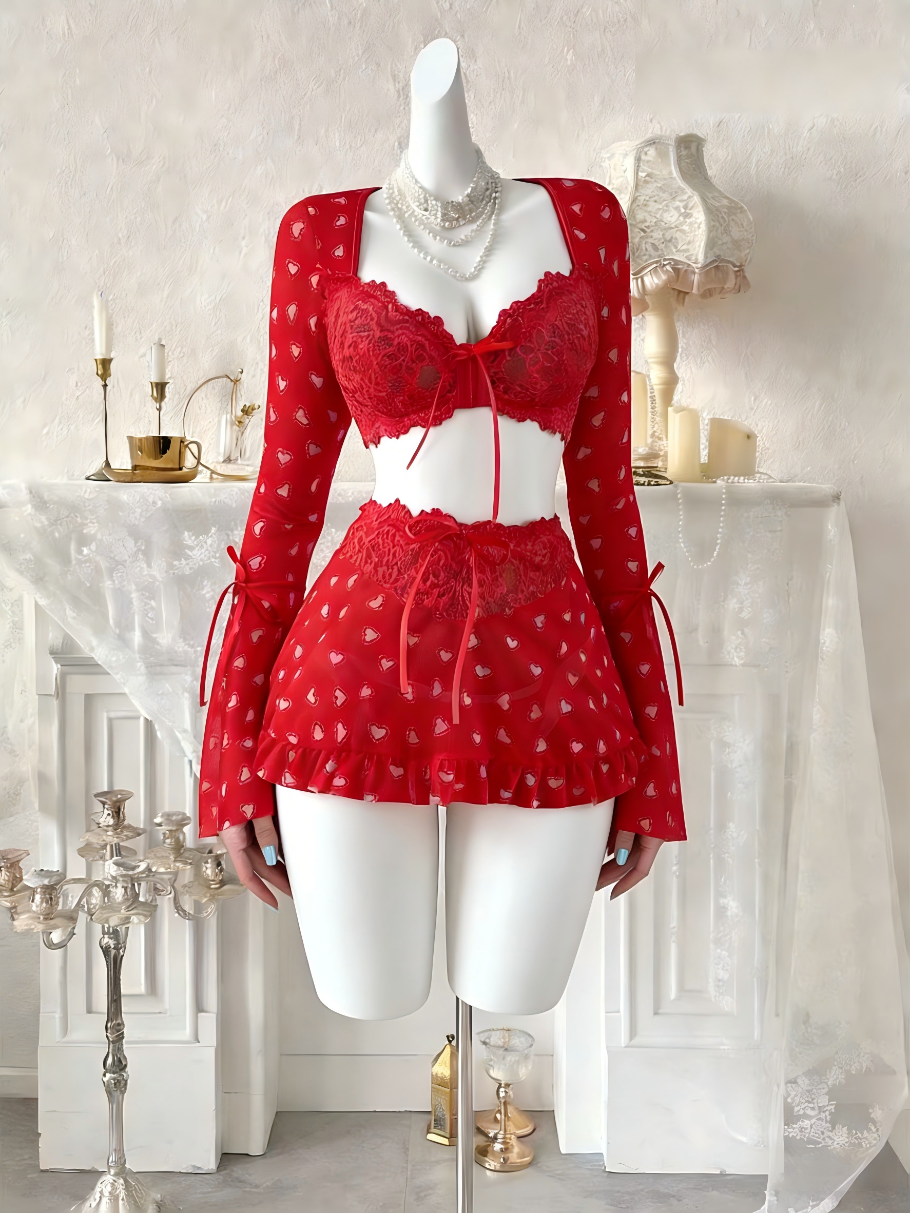 3 Sets Of Europe And The United States See-through Sexy Erotic Underwear Red Love Bra Short Skirt Thong Pants Three Sets to Send A Lover Gift Lover - Image 2