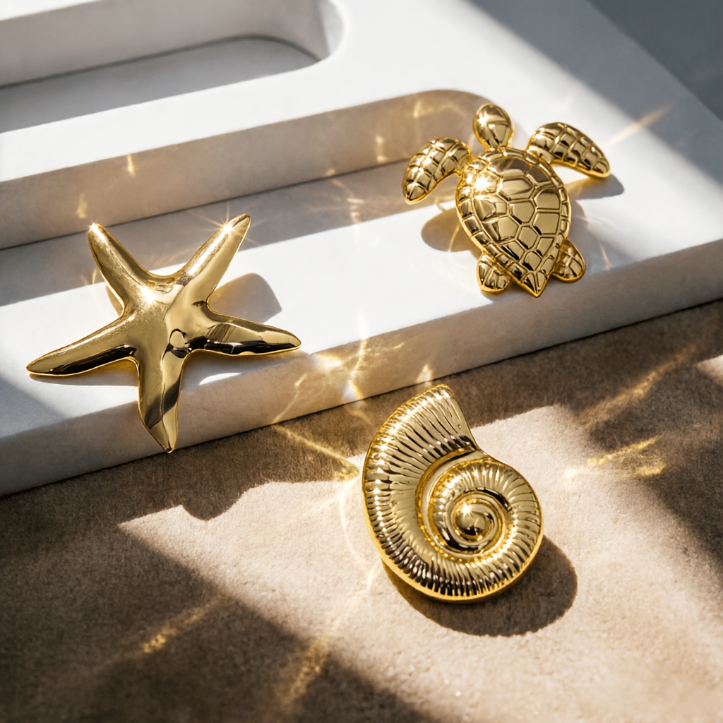 TEMU 3 Stylish Metal-textured Brooches With Ocean-inspired Designs, Featuring Starfish, Sea Turtles, And Seashells. Perfect For Beach Vacations,