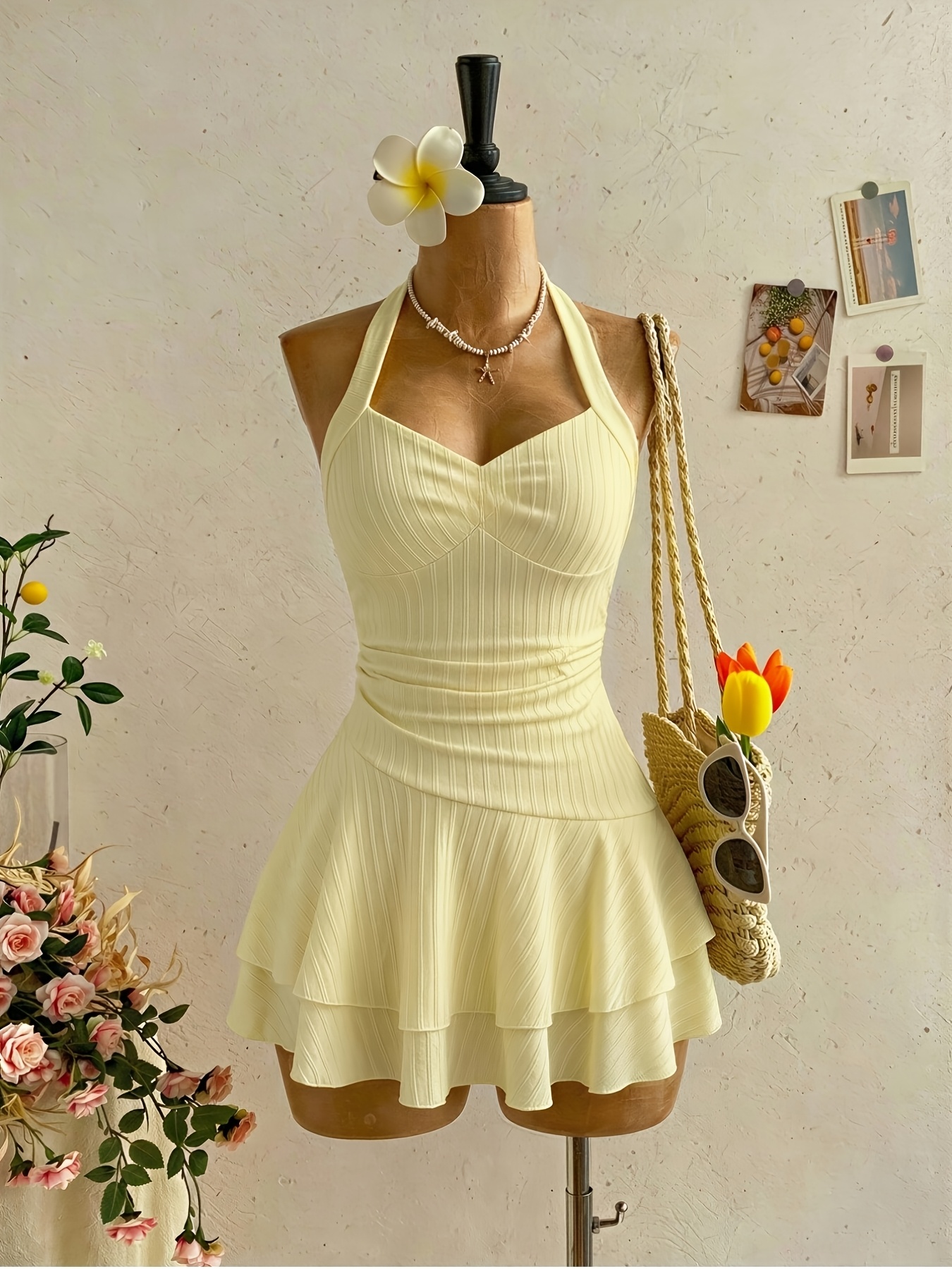   yellow textured fabric pleated ruffle layered ruffle hem elegant dress suitable for teenage girls beach vacations and spring summer holiday wear for teenager